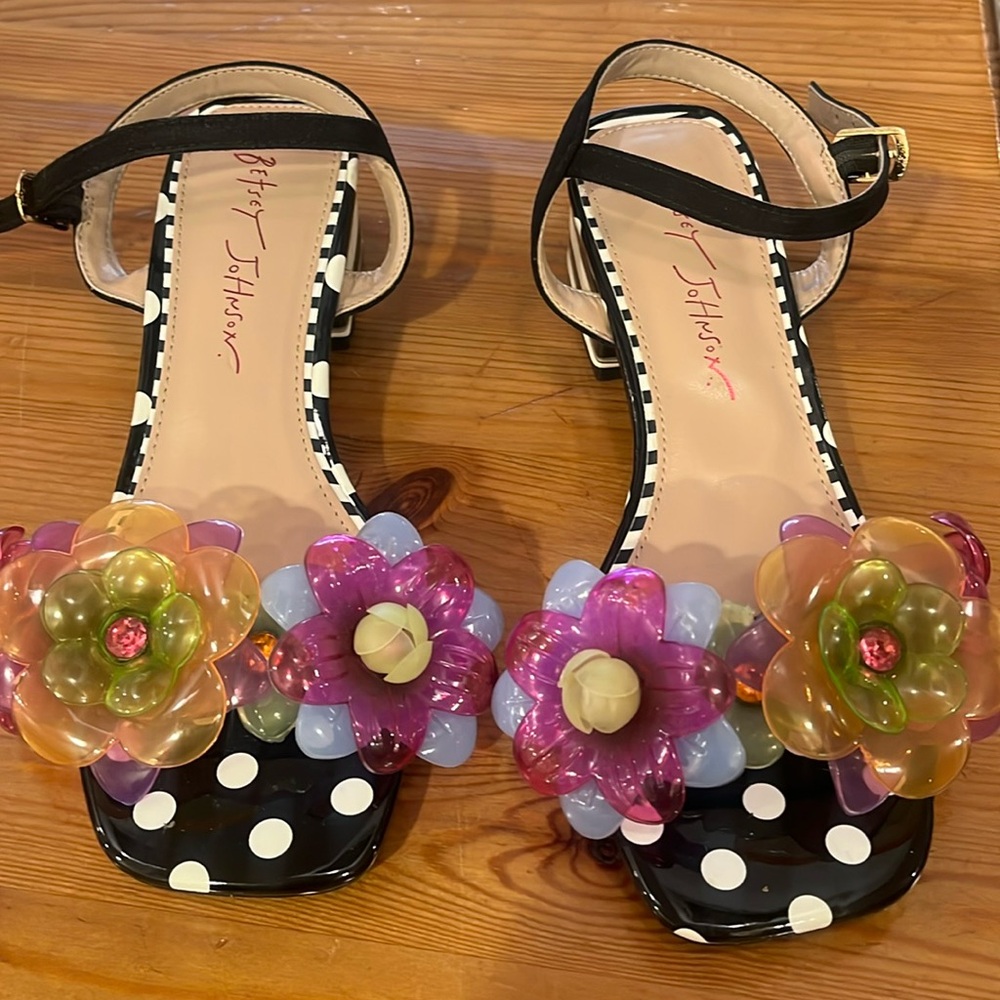 Betsey Johnson Black Polka Dot Sandals with Multicolor Floral Appliqués